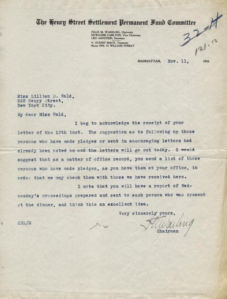 Letter From Felix Warburg To Lillian D. Wald